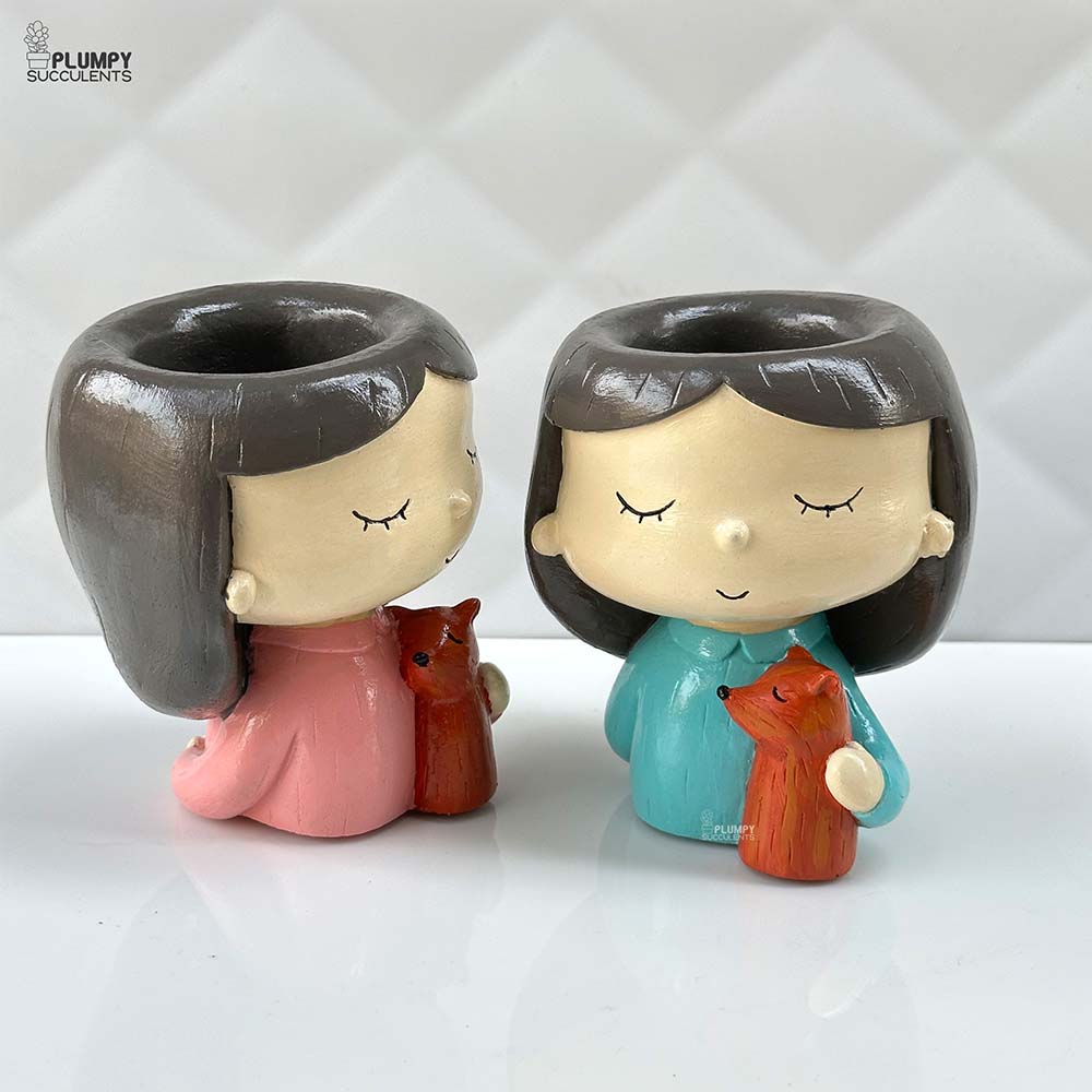 Girl with Pet Fox Planter (Pink & Blue)