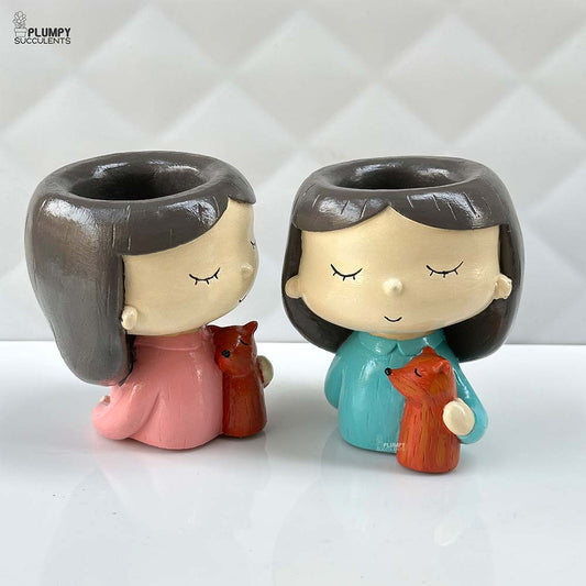 Girl with Pet Fox Planter (Pink & Blue)