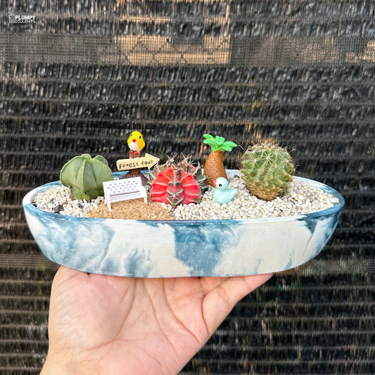 Miniature garden with cacti and small figurines in a blue and white bowl held by a hand against a black textured background.