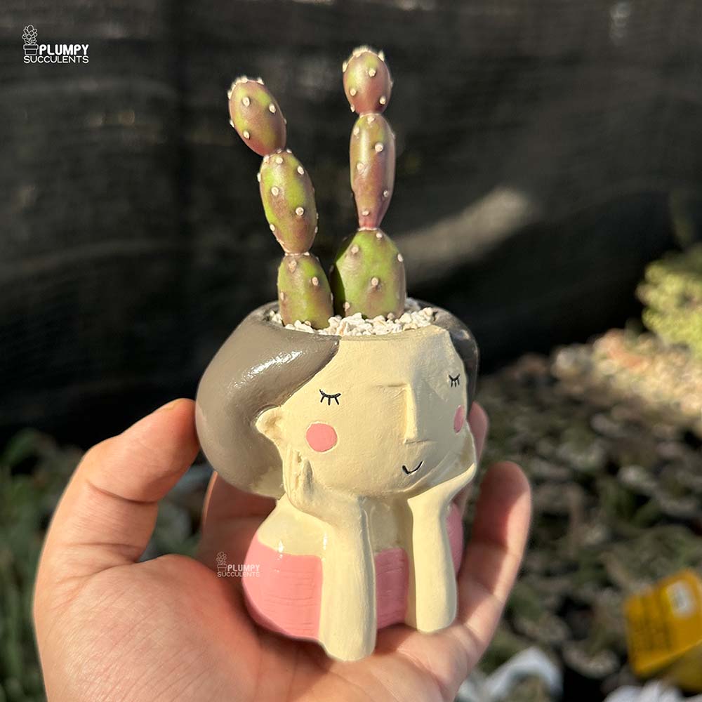 Purple Opuntia in Girl with Hands on Face Planter