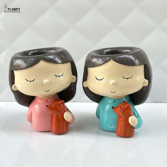 Girl with Pet Fox Planter (Pink & Blue)