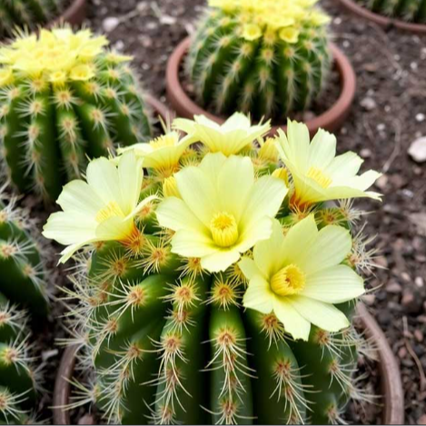 Cactus with yellow flowers in a garden setting